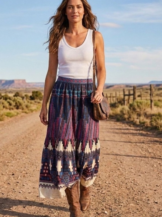 ba&sh Dresses & Skirts - ba&sh Patterned Boho Maxi Skirt in Navy, Purple & Cream